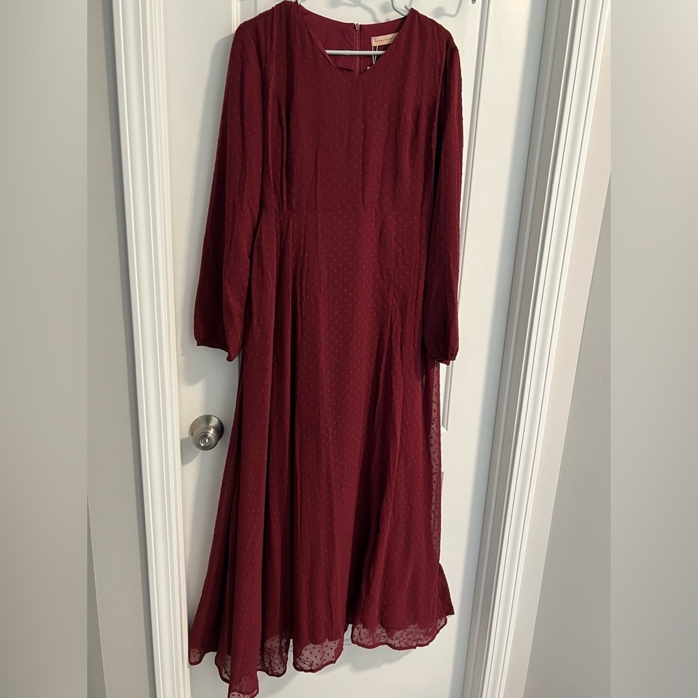 Niswa Fashion Whimsical ruby red Swiss dot maxi dress